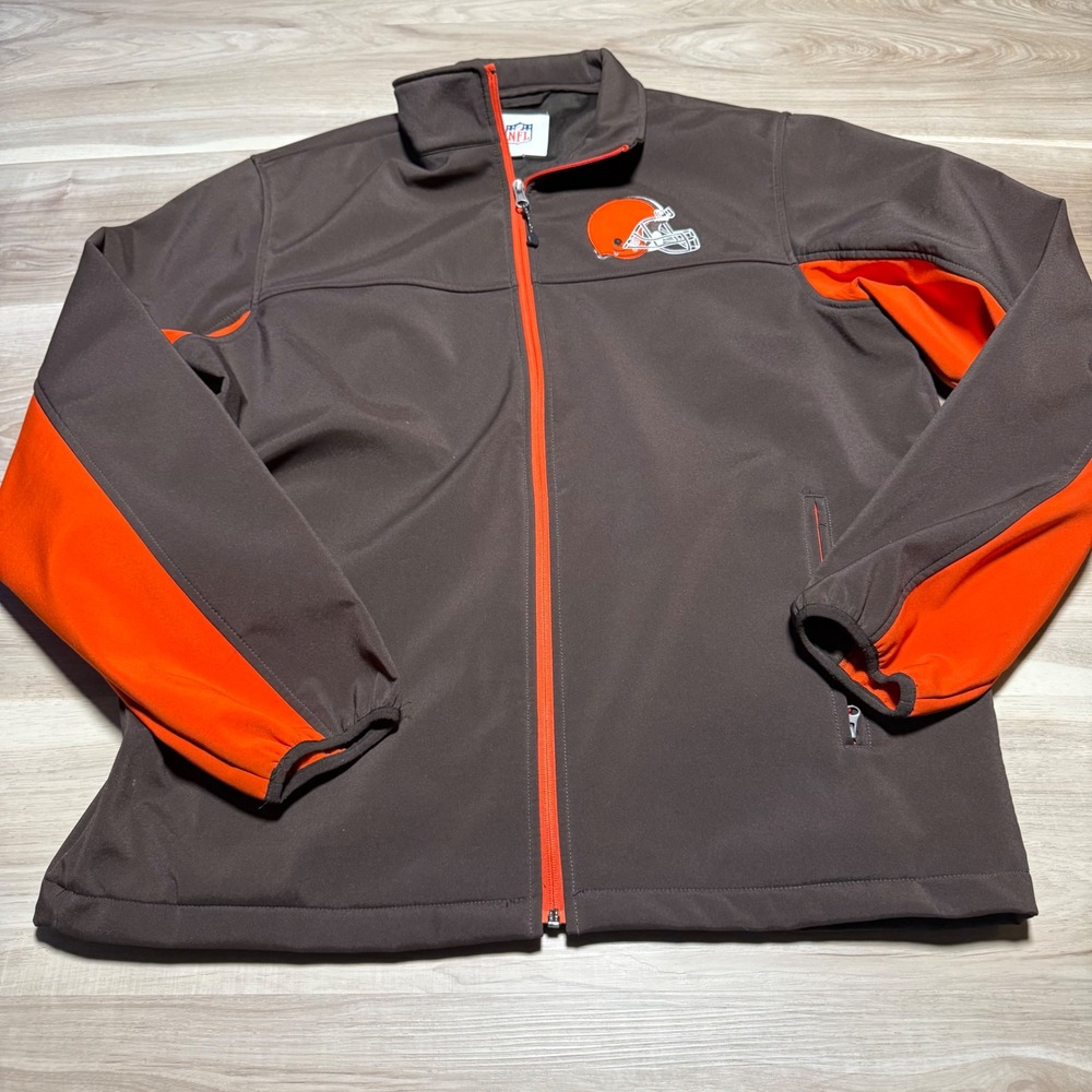 NFL Cleveland Browns Jacket Mens L Brown Orange Softshell Full Zip Fleece Lined